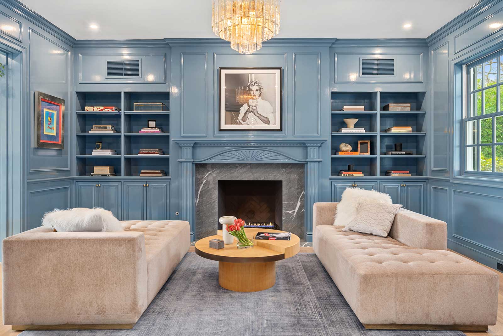 Blue Living room with bookcase